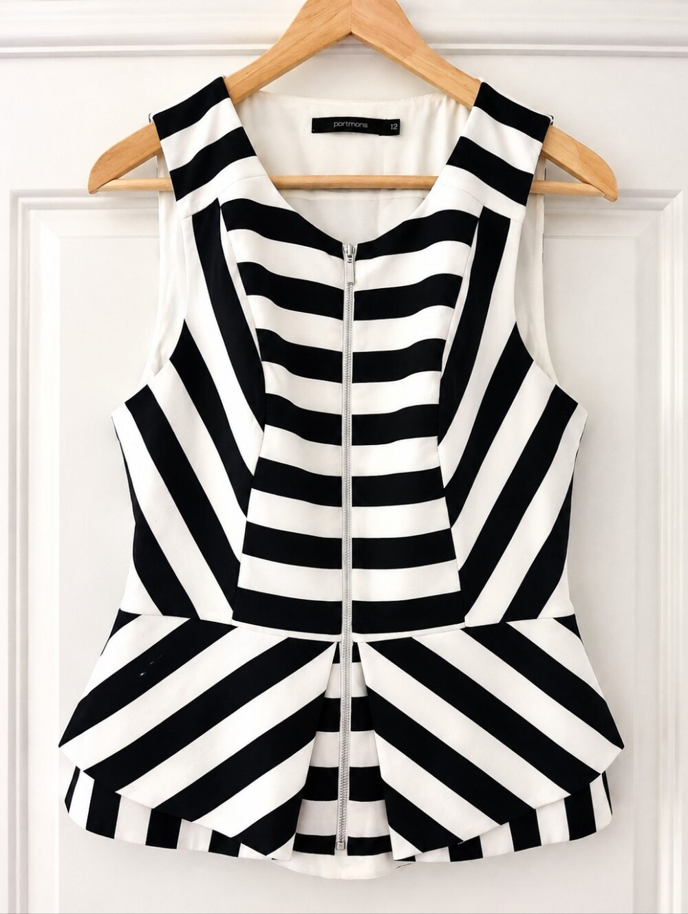 Portmans Australia Black White Striped Peplum Zip Top AU 12 US 8